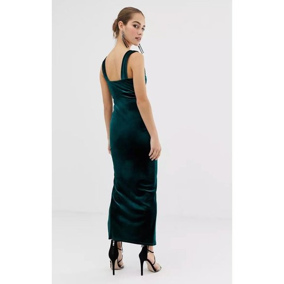 ASOS Design Holidays Velvet Square Neck Front Slit Maxi Dress Size 10 Green - Picture 2 of 12